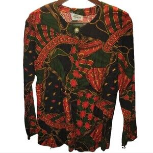 Vintage Ilyza New York Unique 80s 90s Red Green Gold Chain Print Button Up M
